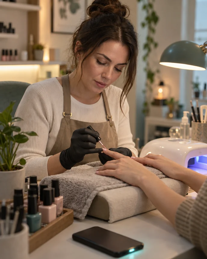Onicotecnica al lavoro su una semipermanente, con il telefono che si illumina sul tavolo