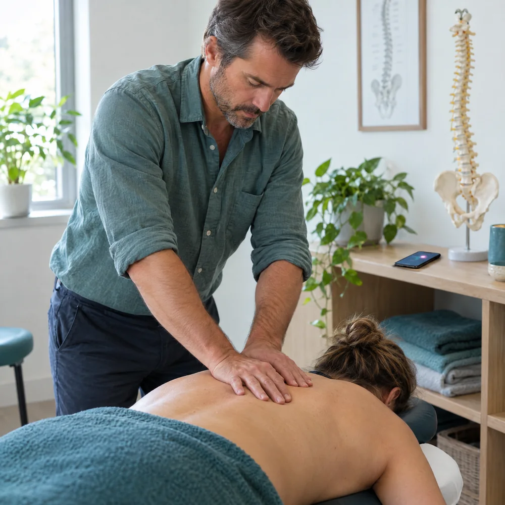 Osteopata che tratta una paziente sul lettino, con il telefono che si illumina sul mobile accanto