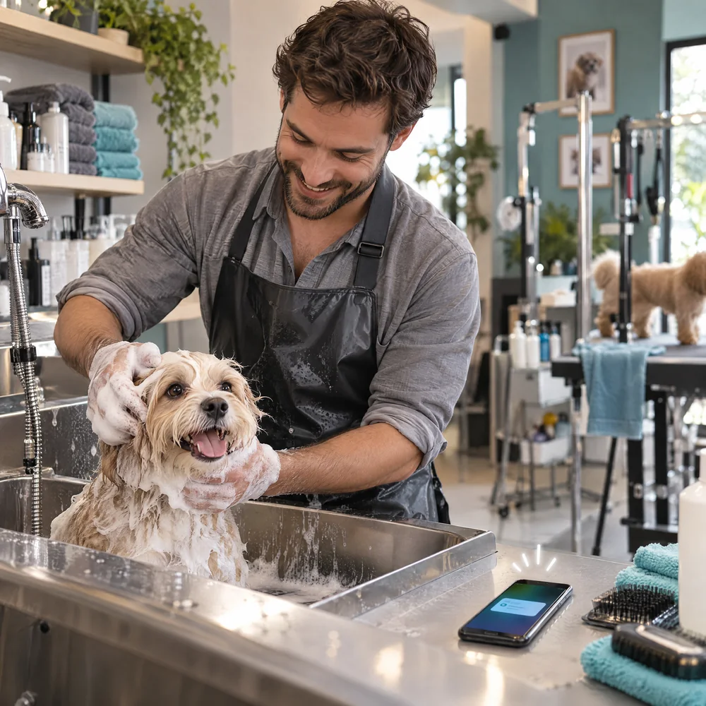 Toelettatore che lava un cane in vasca, con il telefono che si illumina sul bancone